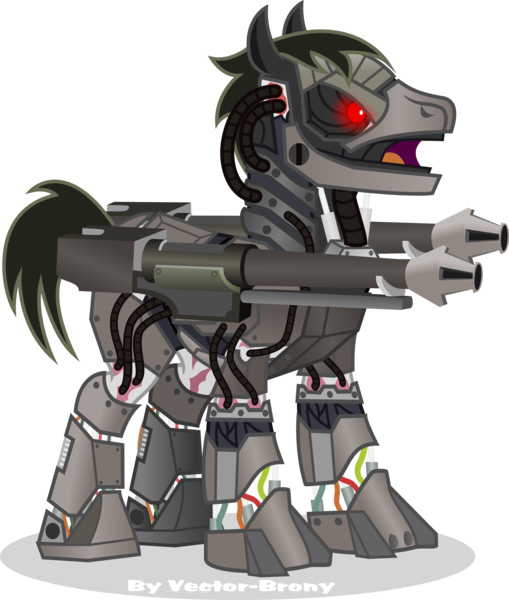 Size: 3225x3798 | Tagged: safe, artist:vector-brony, derpibooru import, oc, oc:deus, unofficial characters only, cyborg, cyborg pony, earth pony, pony, fallout equestria, fallout equestria: project horizons, angry, armor, fanfic art, glare, gun, image, looking at someone, mane, png, red eyes, scar, scarred, simple background, steel pony, transparent background, vector, weapon