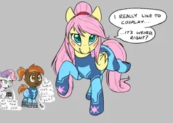 Size: 932x665 | Tagged: safe, artist:bigsnoofa, artist:horsepen, ponerpics import, button mash, fluttershy, sweetie belle, earth pony, pegasus, pony, unicorn, aggie.io, alternate mane style, blushing, camera, clothes, cosplay, costume, crossdressing, female, image, male, mare, metroid, open mouth, png, raised hoof, shipping, simple background, smiling, stallion, straight, sweetiemash, talking, video game, zero suit