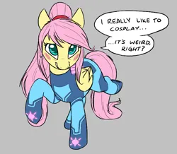 Size: 737x643 | Tagged: safe, artist:bigsnoofa, ponerpics import, fluttershy, pegasus, pony, aggie.io, alternate mane style, blushing, clothes, cosplay, costume, female, image, mare, metroid, png, raised hoof, simple background, smiling, talking, video game, zero suit