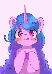 Size: 540x766 | Tagged: safe, artist:pnpn_721, derpibooru import, izzy moonbow, pony, unicorn, blushing, eye clipping through hair, eyebrows, eyebrows visible through hair, female, g5, horn, image, jpeg, looking at you, mare, simple background, solo