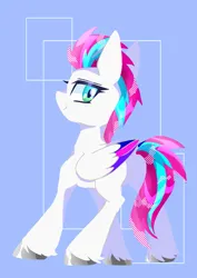 Size: 1075x1518 | Tagged: safe, artist:stacy_165cut, derpibooru import, zipp storm, pegasus, pony, abstract background, blue background, female, folded wings, g5, image, jpeg, looking at you, looking back, looking back at you, mare, simple background, solo, wings