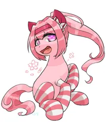 Size: 1024x1200 | Tagged: safe, artist:yukkuri_yu_yu, derpibooru import, ponified, earth pony, pony, anime, clothes, female, haru urara, image, jpeg, looking at you, mare, open mouth, simple background, socks, solo, stockings, striped socks, thigh highs, uma musume pretty derby, white background