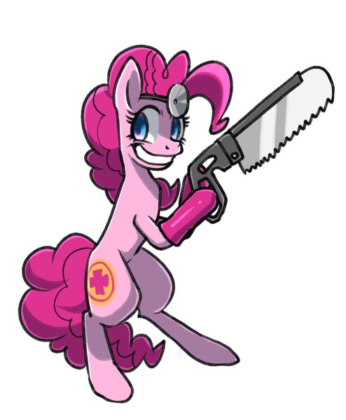 Size: 2066x2507 | Tagged: safe, artist:yukkuri_yu_yu, derpibooru import, pinkie pie, earth pony, pony, bipedal, female, grin, hoof hold, image, jpeg, looking at you, mare, medic, saw, simple background, smiling, solo, team fortress 2, white background