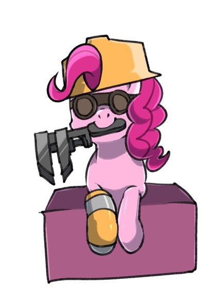 Size: 1763x2507 | Tagged: safe, artist:yukkuri_yu_yu, derpibooru import, pinkie pie, earth pony, pony, clothes, engineer, female, gloves, goggles, hard hat, hat, image, jpeg, mare, mouth hold, simple background, solo, team fortress 2, white background, wrench