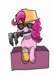 Size: 1763x2507 | Tagged: safe, artist:yukkuri_yu_yu, derpibooru import, pinkie pie, earth pony, pony, clothes, engineer, female, gloves, goggles, hard hat, hat, image, jpeg, mare, mouth hold, simple background, solo, team fortress 2, white background, wrench