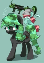 Size: 1763x2507 | Tagged: safe, artist:yukkuri_yu_yu, derpibooru import, oc, ponified, unofficial characters only, earth pony, pony, bucket, duo, eye clipping through hair, female, green background, image, jpeg, looking at someone, looking at you, mare, rocket launcher, simple background, soldier, speech bubble, team fortress 2, weapon
