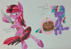 Size: 2048x1416 | Tagged: safe, artist:yukkuri_yu_yu, derpibooru import, twilight sparkle, pony, unicorn, cake, duo, element of generosity, element of honesty, element of kindness, element of laughter, element of loyalty, element of magic, elements of harmony, female, food, image, jpeg, magic, mare, simple background, speech bubble, unicorn twilight, white background