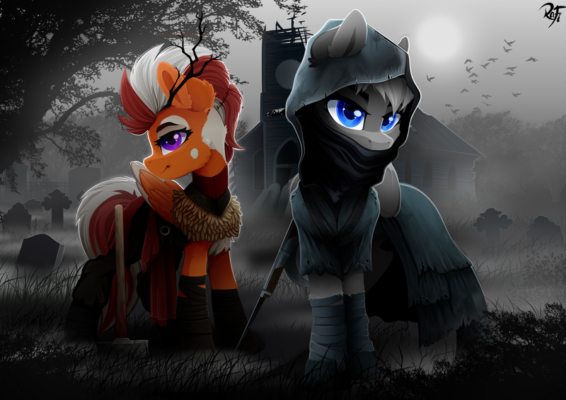 Size: 3400x2400 | Tagged: safe, artist:rainbowfire, derpibooru import, oc, oc:gloomy, bird, earth pony, pegasus, pony, bandage, blue eyes, cassock, cemetery, chapel, clothes, creepy, cute, danger, darkness, duo, female, fog, grass, grin, gun, hammer, hat, image, jacket, looking at you, mare, monochrome, png, purple eyes, rifle, smiling, tombstones, tree, weapon, wings
