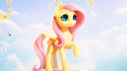 Size: 1024x576 | Tagged: safe, derpibooru import, machine learning generated, fluttershy, butterfly, insect, pegasus, pony, cute, female, image, png, solo