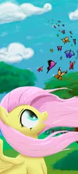 Size: 1080x2400 | Tagged: safe, artist:tkuroneko, derpibooru import, fluttershy, butterfly, insect, pegasus, pony, image, open mouth, open smile, png, smiling, solo, spread wings, wind, windswept mane, wings