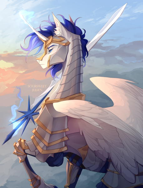 Size: 1676x2198 | Tagged: safe, artist:sweet julien, derpibooru import, oc, unofficial characters only, alicorn, pony, armor, cloud, commission, eyebrows, image, knight, lidded eyes, male, outdoors, png, solo, spear, stallion, weapon, wings