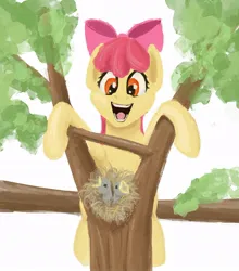 Size: 800x911 | Tagged: safe, artist:sa1ntmax, derpibooru import, apple bloom, bird, earth pony, pony, bird nest, climbing, female, filly, foal, happy, image, jpeg, nest, open mouth, solo, tree