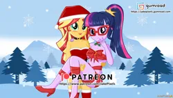 Size: 986x555 | Tagged: suggestive, artist:jakepixels, derpibooru import, sci-twi, sunset shimmer, twilight sparkle, human, equestria girls, almost nude, blushing, carrying, christmas, dress christmas, duo, duo female, female, gumroad, gumroad logo, hat, holiday, image, lesbian, looking at you, patreon, patreon logo, png, santa hat, scitwishimmer, shipping, sunsetsparkle, wallpaper, winter