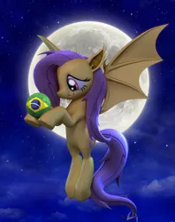 Size: 1188x1498 | Tagged: safe, derpibooru import, fluttershy, bat pony, pony, 3d, ball, bat ponified, brazil, cloud, crying, female, flutterbat, flying, g4, image, jpeg, looking left, mare, moon, night, pink mane, race swap, red eyes, sad, sky, solo, sorrow, stars, tears of pain, yellow skin