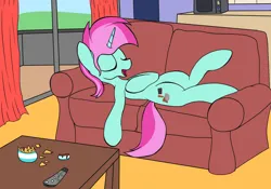 Size: 2000x1400 | Tagged: safe, artist:amateur-draw, derpibooru import, oc, oc:belle boue, unofficial characters only, pony, unicorn, apartment, couch, curtains, image, inside, interior, male, microwave, png, relaxing, remote, sleeping, snacks, solo