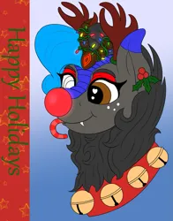 Size: 859x1096 | Tagged: safe, artist:gray star, derpibooru import, oc, oc:heccin pepperino, unofficial characters only, kirin, pony, christmas, christmas lights, cute, fangs, female, freckles, happy holidays, head shot, heart, holiday, holly, image, kirin oc, png, simple background, solo