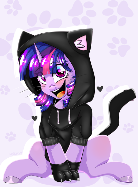 Size: 2150x2911 | Tagged: safe, artist:pozya1007, derpibooru import, twilight sparkle, pony, unicorn, blushing, clothes, costume, cute, female, g4, hoodie, image, kigurumi, looking at you, neko, open mouth, open smile, paw gloves, png, simple background, smiling, solo, whiskers, white background