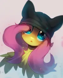 Size: 1162x1446 | Tagged: safe, artist:astralblues, derpibooru import, fluttershy, pegasus, pony, blushing, bust, cat hoodie, chest fluff, hair over one eye, image, looking at you, open mouth, png, portrait, solo, sparkles