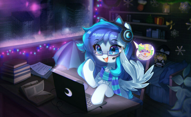 Size: 1280x787 | Tagged: safe, artist:astralblues, derpibooru import, oc, pegasus, pony, book, clothes, computer, female, glasses, headphones, image, jpeg, laptop computer, mare, open book, scarf, solo