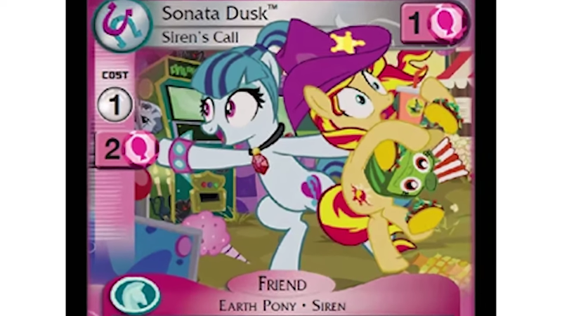 Size: 1366x768 | Tagged: safe, artist:pixelkitties, derpibooru import, edit, sonata dusk, sunset shimmer, ponified, pony, unicorn, equestria girls, equestria girls series, bacon hair, bipedal, card, ccg, duo, duo female, enterplay, female, food, holding a pony, image, looking at something, merchandise, mlp trading card game, open mouth, png, popcorn, pulling, youtube, youtube link