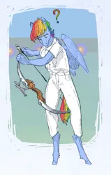 Size: 473x744 | Tagged: safe, artist:adeptus-monitus, derpibooru import, rainbow dash, anthro, pegasus, unguligrade anthro, bow (weapon), image, jpeg, question mark, solo