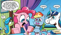 Size: 1296x745 | Tagged: safe, artist:andypriceart, derpibooru import, idw, pinkie pie, rainbow dash, shining armor, tealove, earth pony, pegasus, pony, unicorn, neigh anything, spoiler:comic, spoiler:comic11, aweeg*, dialogue, female, g4, group, image, jpeg, male, mare, quartet, sigh, speech bubble, stallion