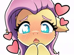 Size: 929x691 | Tagged: safe, artist:symbianl, derpibooru import, fluttershy, blushing, bust, female, floating heart, heart, heart eyes, hooves, image, jpeg, open mouth, portrait, solo, solo female, tooth, wingding eyes