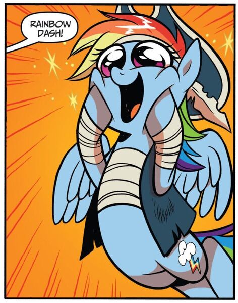 Size: 750x954 | Tagged: safe, artist:brendahickey, derpibooru import, idw, rainbow dash, pegasus, pony, spoiler:comic, spoiler:comic14, dialogue, female, g4, image, jpeg, mare, offscreen character, pirate dash, solo, speech bubble