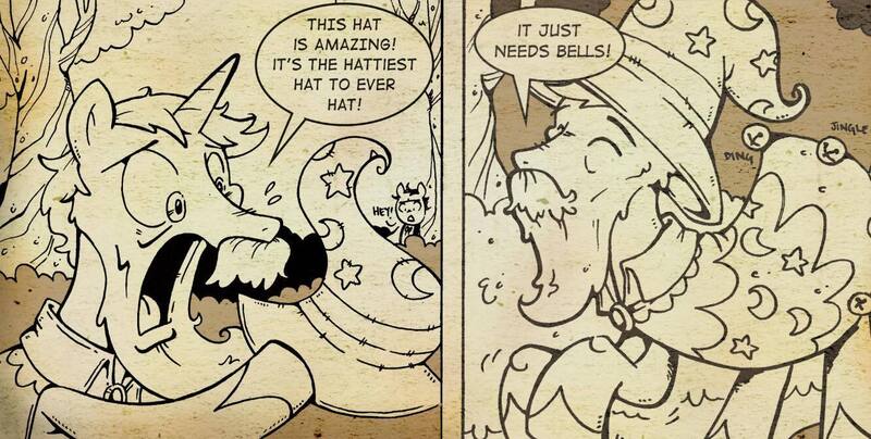 Size: 1332x672 | Tagged: safe, artist:katiecandraw, derpibooru import, idw, star swirl the bearded, unnamed character, unnamed pony, pony, unicorn, spoiler:comic, cape, clothes, dialogue, g4, hat, image, jpeg, male, sepia, solo focus, speech bubble, stallion