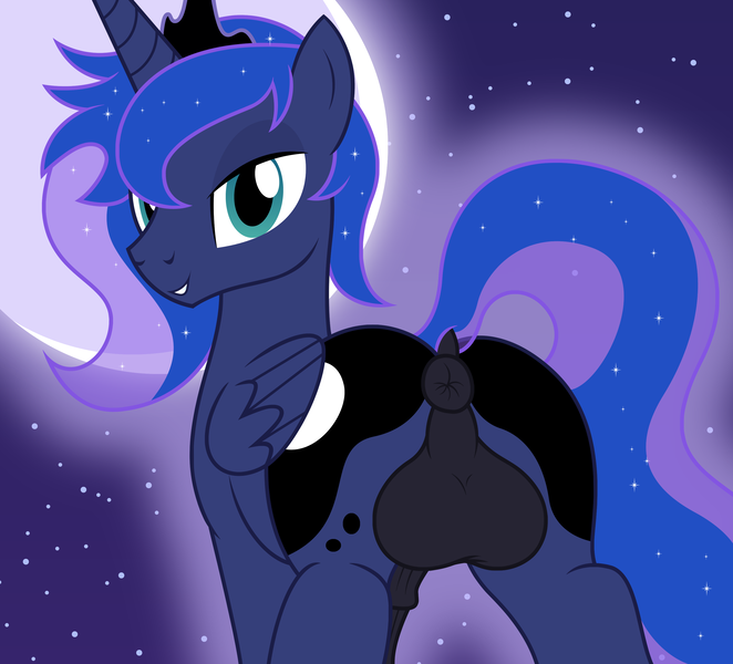 Size: 3001x2720 | Tagged: explicit, artist:badumsquish, derpibooru import, princess luna, pony, anus, backsack, balls, bedroom eyes, big balls, both cutie marks, butt, dream, dream walker luna, erection, folded wings, full moon, grin, horsecock, huge balls, image, looking at you, looking back, looking back at you, male, moon, nudity, penis, plot, png, ponut, presenting, prince artemis, raised tail, rule 63, show accurate, show accurate porn, smiling, smirk, solo, solo male, stallion, stars, tail, taint, wings