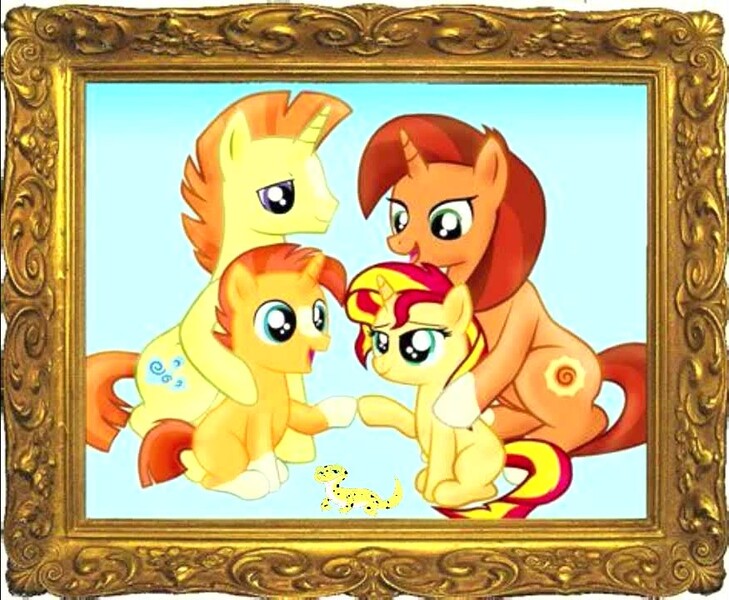 Size: 875x720 | Tagged: safe, artist:majkashinoda626, artist:samuel-a-dale, derpibooru import, edit, ray, stellar flare, sunburst, sunset shimmer, sunspot (character), pony, unicorn, blaze (coat marking), brother and sister, coat markings, colt, colt sunburst, facial markings, family, female, filly, filly sunset shimmer, foal, headcanon, image, jpeg, male, mare, siblings, socks (coat marking), stallion, sunny siblings, young, younger