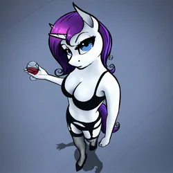 Size: 2000x2000 | Tagged: suggestive, artist:apocheck13, derpibooru import, rarity, anthro, unicorn, alcohol, bra, breasts, clothes, garter belt, glass, high angle, image, jpeg, lingerarity, lingerie, looking at you, looking up, looking up at you, panties, shoes, socks, solo, stockings, thigh highs, underwear, wine, wine glass