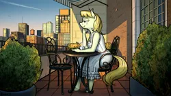 Size: 3840x2160 | Tagged: safe, artist:apocheck13, derpibooru import, oc, unofficial characters only, anthro, earth pony, unguligrade anthro, balcony, chair, city, commission, earth pony oc, female, hand on chin, image, jpeg, mug, sitting, solo, sunlight, table