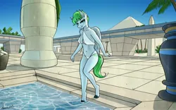 Size: 4096x2560 | Tagged: safe, artist:apocheck13, derpibooru import, morning dew, anthro, pegasus, unguligrade anthro, bikini, bocas top, breasts, cleavage, clothes, egypt, female, image, jpeg, looking at you, poolside, pyramid, solo, swimsuit