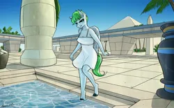 Size: 4096x2560 | Tagged: safe, alternate version, artist:apocheck13, derpibooru import, morning dew, anthro, pegasus, unguligrade anthro, clothes, egypt, female, image, jpeg, looking at you, poolside, pyramid, solo