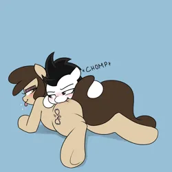 Size: 2484x2485 | Tagged: suggestive, artist:vipy, derpibooru import, oc, oc:louvely, oc:vipy, earth pony, pony, biting, butt bite, image, png, raspberry, simple background, tongue out