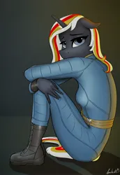 Size: 2160x3140 | Tagged: safe, artist:apocheck13, derpibooru import, oc, oc:velvet remedy, anthro, plantigrade anthro, unicorn, fallout equestria, clothes, fallout, horn, image, jpeg, jumpsuit, looking at you, simple background, sitting, vault suit