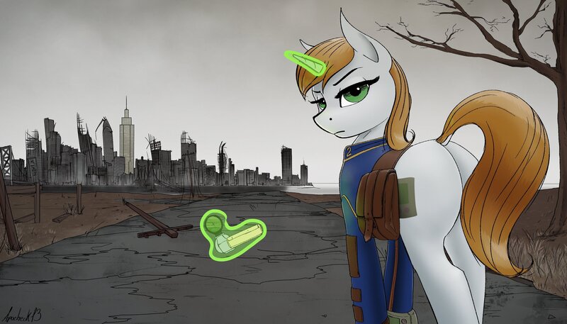 Size: 3500x2000 | Tagged: safe, artist:apocheck13, derpibooru import, oc, oc:littlepip, unofficial characters only, pony, unicorn, fallout equestria, butt, cloud, day, dock, eyebrows, eyelashes, female, gun, handgun, image, jpeg, levitation, lidded eyes, little macintosh, looking at you, looking back, looking back at you, magic, outdoors, plot, raised tail, revolver, ruins, solo, tail, telekinesis, tree, weapon