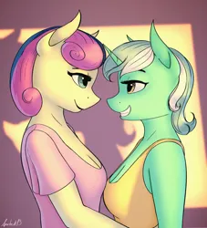 Size: 2104x2317 | Tagged: safe, artist:apocheck13, derpibooru import, bon bon, lyra heartstrings, sweetie drops, anthro, earth pony, unicorn, breasts, bust, cleavage, clothes, female, horn, image, jpeg, lesbian, looking at each other, looking at someone, lyrabon, shipping, shirt, smiling