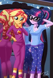 Size: 1400x2048 | Tagged: suggestive, artist:horsecat, derpibooru import, sci-twi, sunset shimmer, twilight sparkle, blushing, cameltoe, clothes, image, pajamas, png