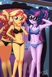 Size: 1400x2048 | Tagged: suggestive, artist:horsecat, derpibooru import, sci-twi, sunset shimmer, twilight sparkle, equestria girls, blushing, bra, cameltoe, clothes, image, panties, png, underwear