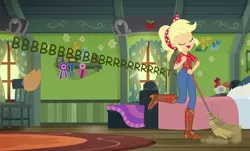 Size: 846x512 | Tagged: suggestive, artist:thedarkpony, derpibooru import, edit, edited screencap, screencap, applejack, equestria girls, equestria girls series, five to nine, clothes, cropped, fart, fart edit, fart noise, female, image, jeans, onomatopoeia, pants, png, sound effects, sweeping