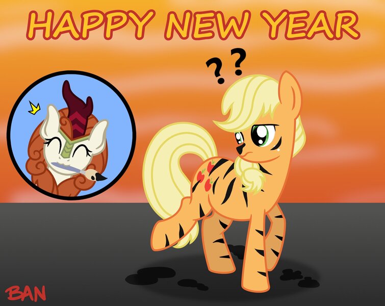 Size: 2003x1592 | Tagged: safe, artist:banquo0, derpibooru import, applejack, autumn blaze, big cat, earth pony, pony, tiger, :3, chinese new year, confused, duo, emanata, eyes closed, female, image, jpeg, mouth hold, paintbrush, painted, question mark, striped, year of the tiger