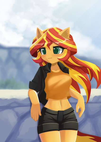 Size: 1000x1407 | Tagged: safe, artist:howxu, derpibooru import, sunset shimmer, anthro, anthrofied, belly button, blushing, clothes, commission, image, looking at you, png, solo
