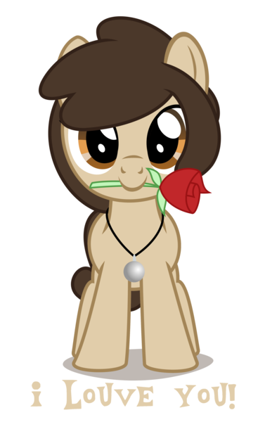 Size: 2450x3900 | Tagged: safe, artist:strategypony, derpibooru import, oc, oc:louvely, unofficial characters only, earth pony, pony, cute, earth pony oc, female, filly, flower, flower in mouth, foal, hearts and hooves day, holiday, i love you, image, jewelry, looking at you, mouth hold, necklace, ocbetes, png, pun, rose, simple background, talking to viewer, text, transparent background, valentine's day