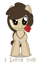 Size: 2450x3900 | Tagged: safe, artist:strategypony, derpibooru import, oc, oc:louvely, unofficial characters only, earth pony, pony, cute, earth pony oc, female, filly, flower, flower in mouth, foal, hearts and hooves day, holiday, i love you, image, jewelry, looking at you, mouth hold, necklace, ocbetes, png, pun, rose, simple background, talking to viewer, text, transparent background, valentine's day