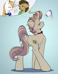 Size: 1932x2446 | Tagged: safe, artist:pledus, author:bigonionbean, derpibooru import, doctor whooves, prince blueblood, time turner, oc, oc:royal minutes, earth pony, pony, unicorn, blowing, blushing, bowtie, butt, commissioner:bigonionbean, cutie mark, dialogue, flank, fusion, fusion:royal minutes, hair dryer, image, male, plot, png, raised tail, stallion, tail, thought bubble