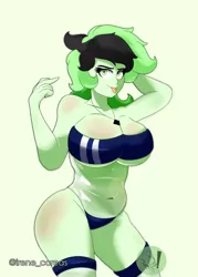 Size: 2220x3100 | Tagged: suggestive, artist:diamondgreenanimat0, derpibooru import, human, 2022, arms in the air, belly, belly button, black hair, breasts, chubby, clothes, female, green background, green eyes, green hair, gris swimsuit, half body, hips, image, jewelry, necklace, one-piece swimsuit, png, seductive look, seductive pose, see-through, simple background, six fingers, solo, solo female, swimsuit