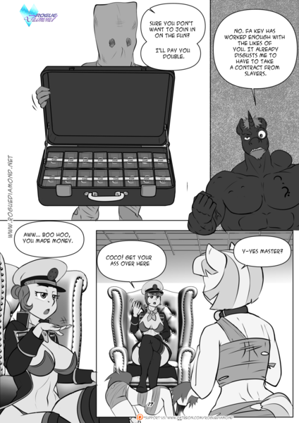 Size: 1200x1697 | Tagged: safe, artist:pia-sama, derpibooru import, coco pommel, suri polomare, oc, anthro, plantigrade anthro, comic:rogue diamond, breasts, briefcase, busty suri polomare, comic, dialogue, grayscale, image, money, monochrome, png, speech bubble