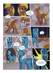 Size: 2904x4000 | Tagged: safe, artist:palibrik, derpibooru import, compass star, evening star, party favor, thunderlane, oc, oc:gusty guide, oc:shocker streak, earth pony, pegasus, pony, unicorn, comic:securing a sentinel, butt, carousel boutique, comic, commissioner:bigonionbean, cutie mark, drunk, faceplant, flank, fusion, fusion:gusty guide, fusion:shocker streak, high res, horn, image, magic, male, mirror, not an alicorn, offscreen character, plot, png, ponyville, potion, reflection, sequence, shocked, shocked expression, stallion, stretching, surprised, wings